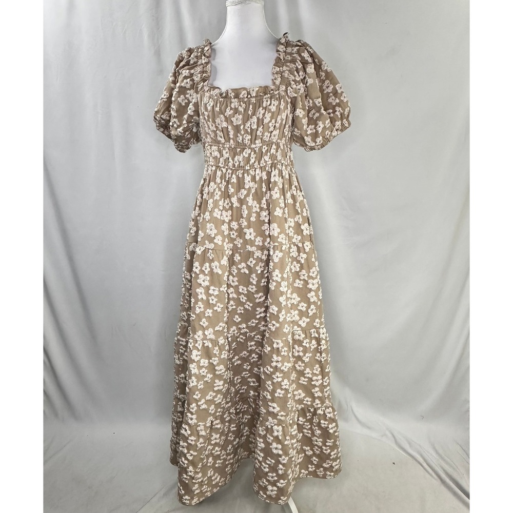 Peach Love California M Maxi Dress Tan Floral Embroidered Smocked Cottagecore